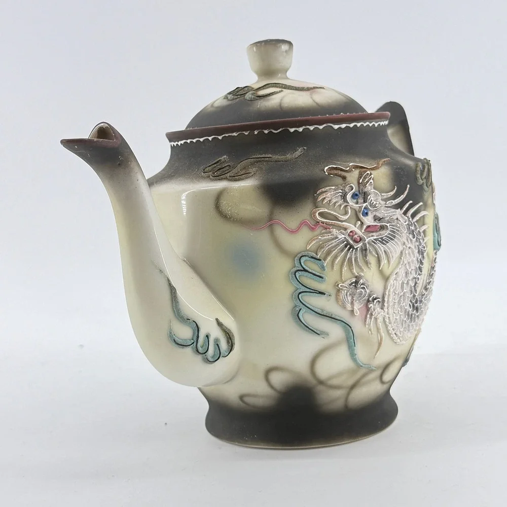 Moriage Dragon Teapot Raised Texture Decor Japan VTG Porcelain Large Black Cream